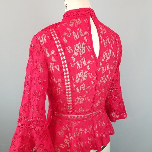 Minkpink Red Sheer Lace Blouse with Stars Flared Sleeves Women's Size Small - Picture 4 of 8